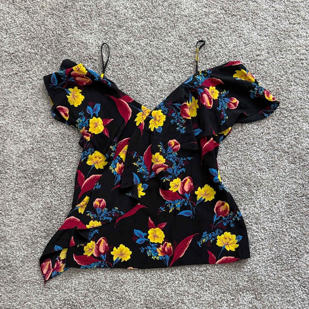 Diane Von Furstenberg Black Floral Silk Blouse - Size P